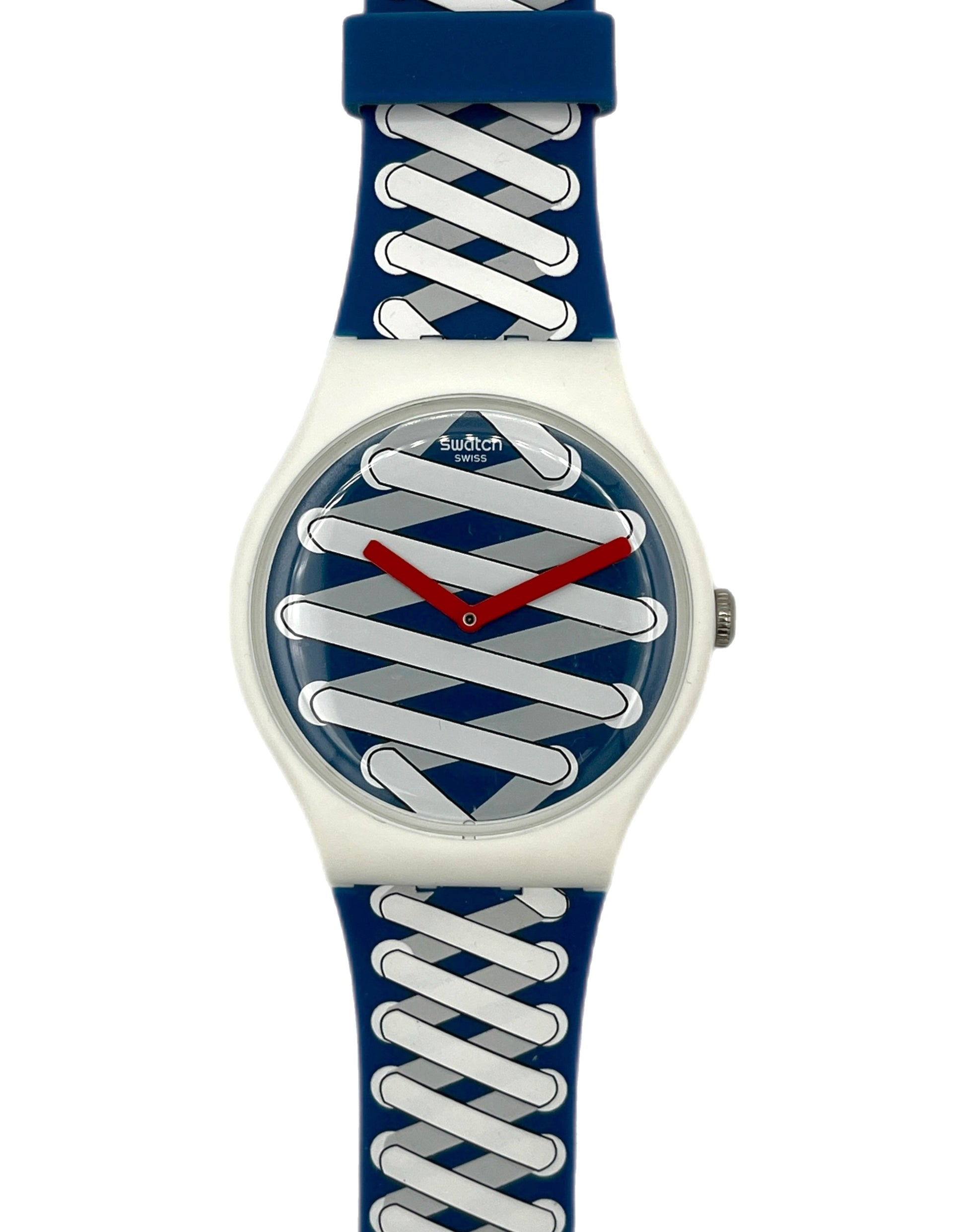 Wristwatch with blue and white strap on a white background