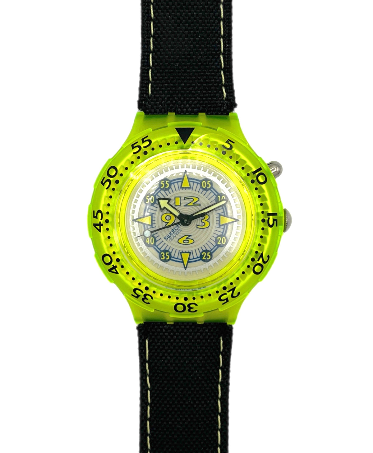 Watch with a bright yellow face and black strap on a white background