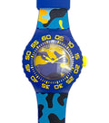 A kids' silicone watch with a blue, yellow, and black camouflage pattern strap and case, featuring a yellow dial with a cartoon character.