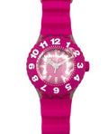 Pink watch with a white face on a white background