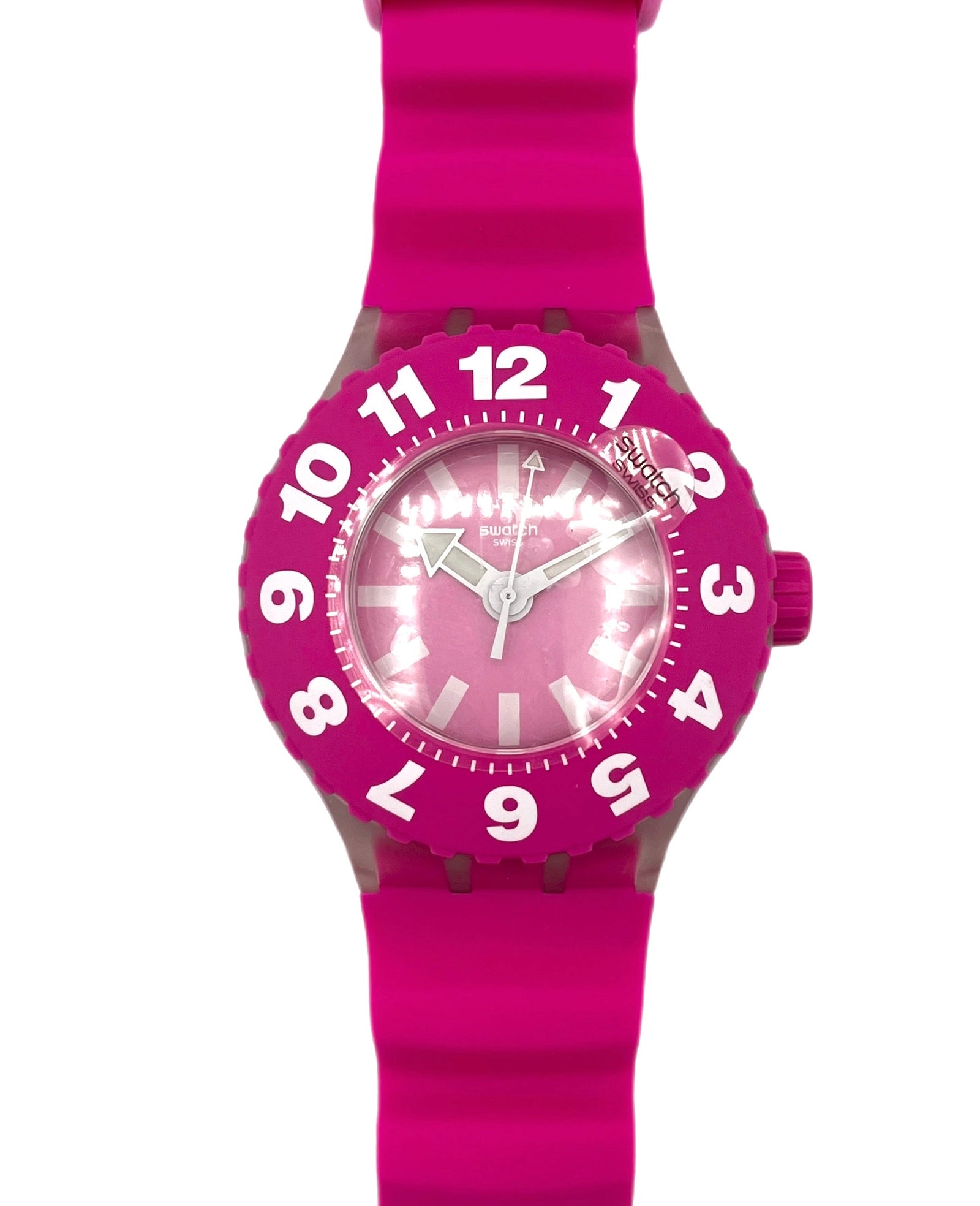 Pink watch with a white face on a white background