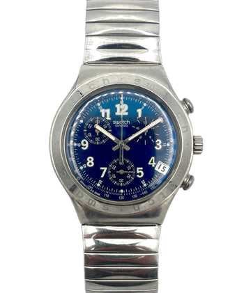 Silver watch with a blue face on a white background
