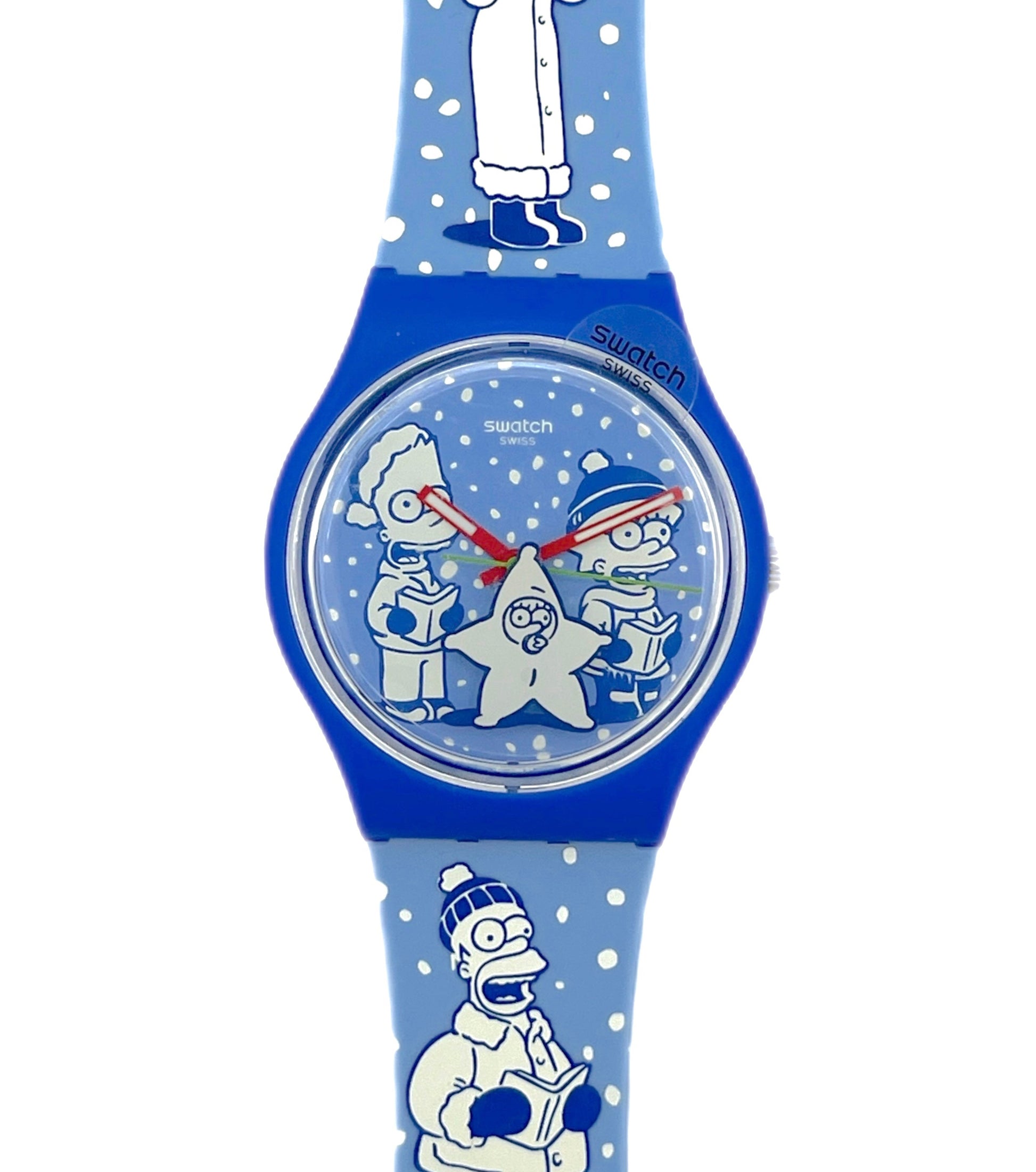 Swatch watch with cartoon character design on a blue background