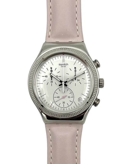 Swatch watch with a light gray strap and silver case on a white background