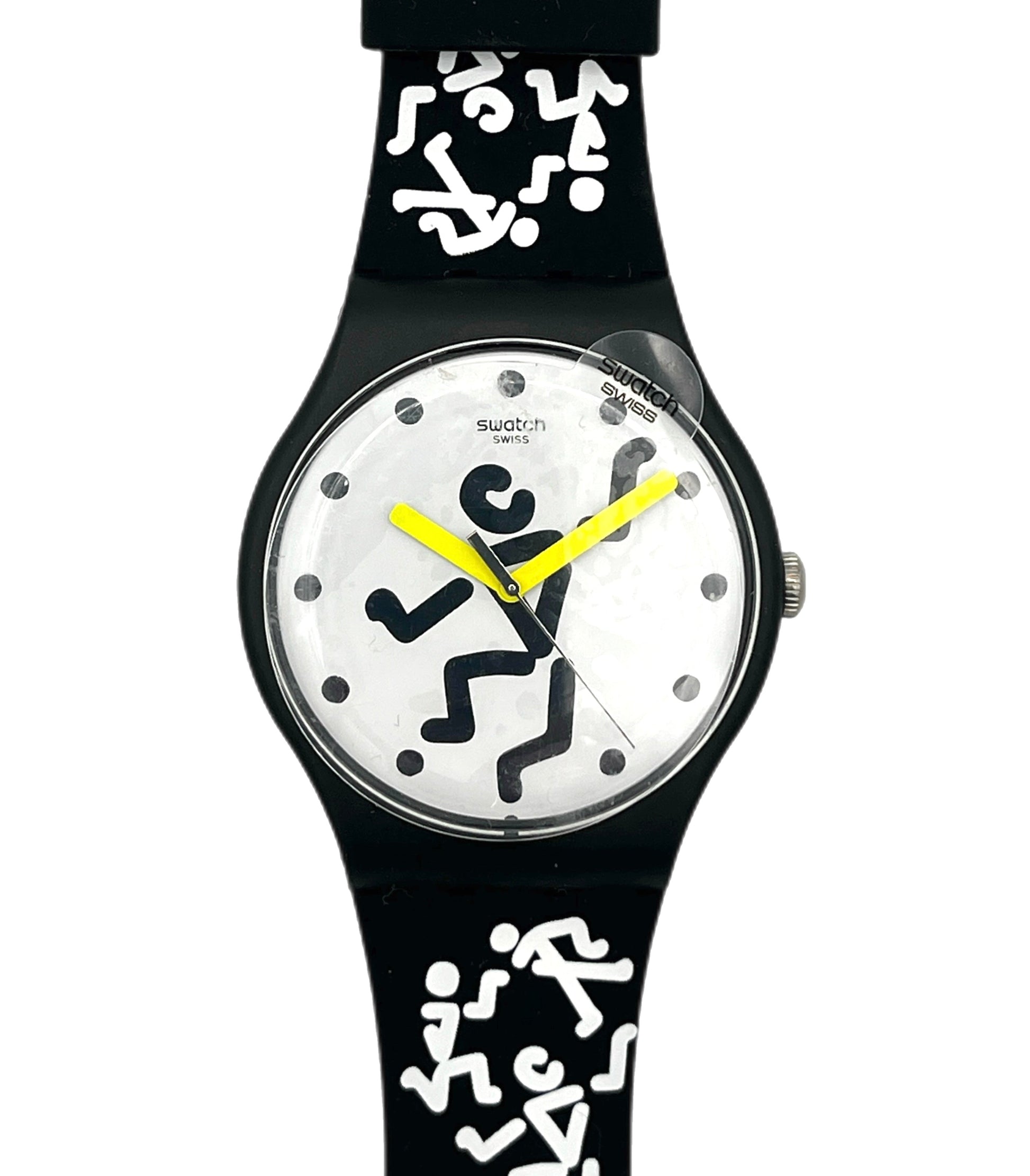 Swatch watch with black strap and white dial featuring black abstract designs on a white background