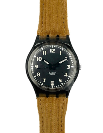 Swatch watch with a brown strap on a white background