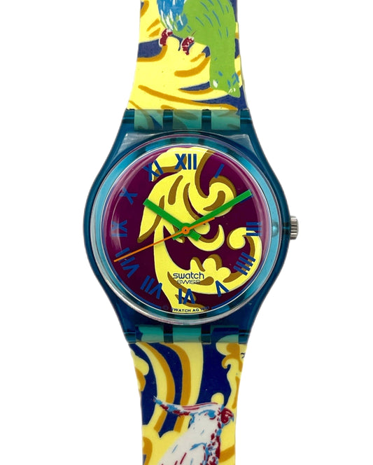 Colorful watch with artistic design on a white background