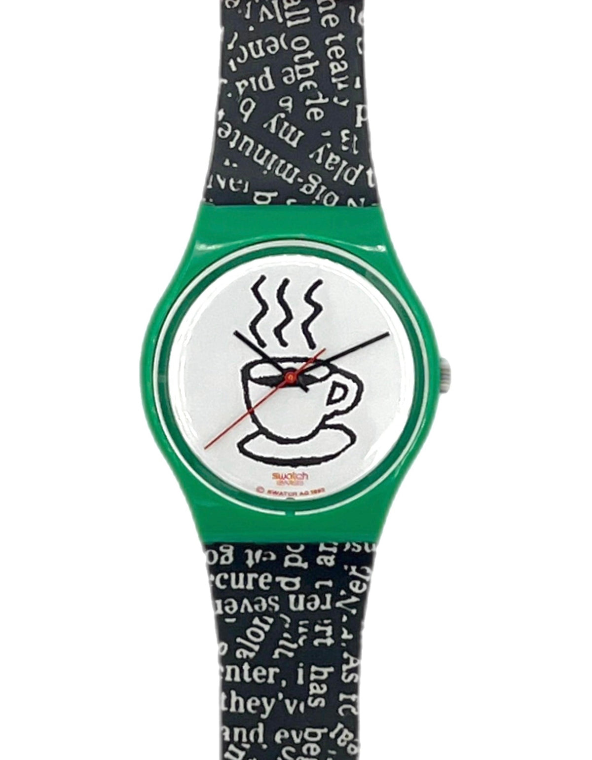 A Swatch wristwatch featuring a green case, a white dial with a black coffee cup illustration, and a black and white patterned strap.
