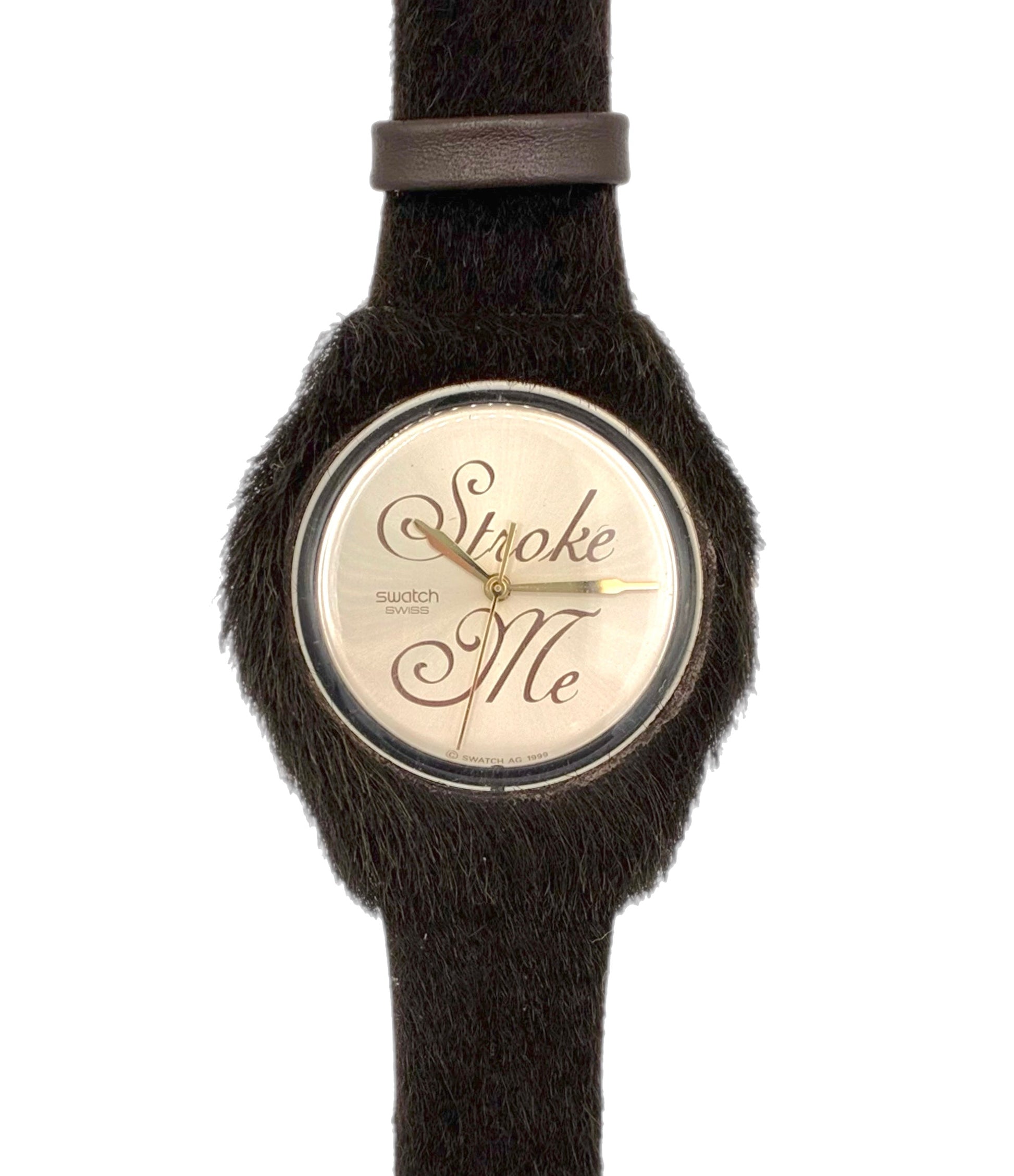Wristwatch with black strap and gold face on a white background