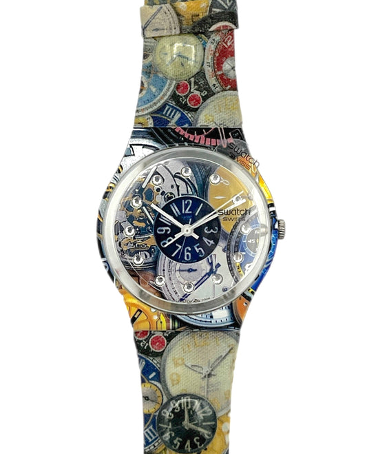 Wristwatch with a colorful, patterned strap on a white background